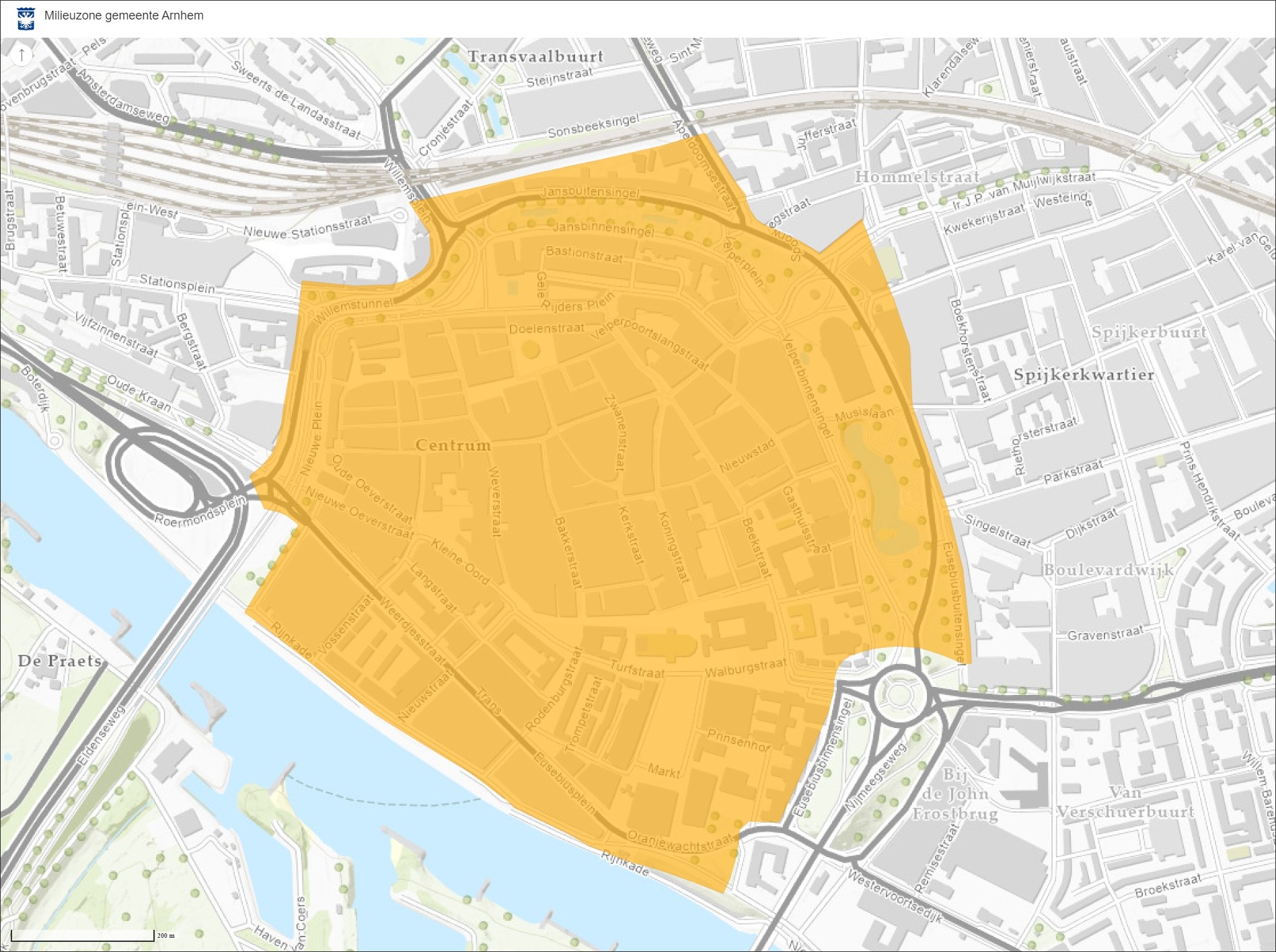 Kaart waarin te zien is waar de milieuzone ligt en tot waar deze loopt.
